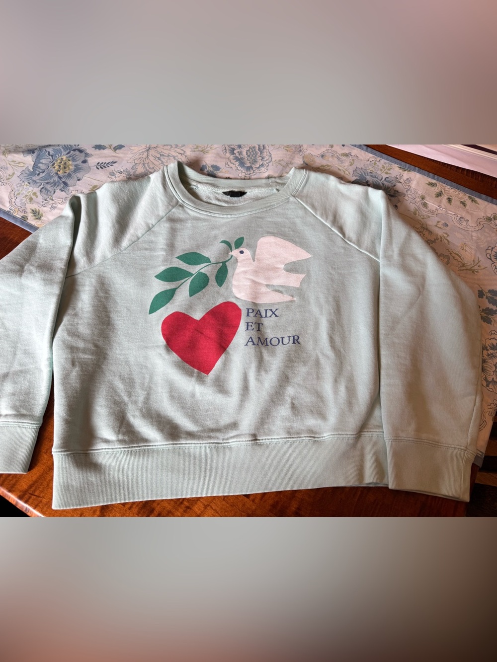 J. Crew Mint Green Sweatshirt with Heart, Dove & Leaf Graphic